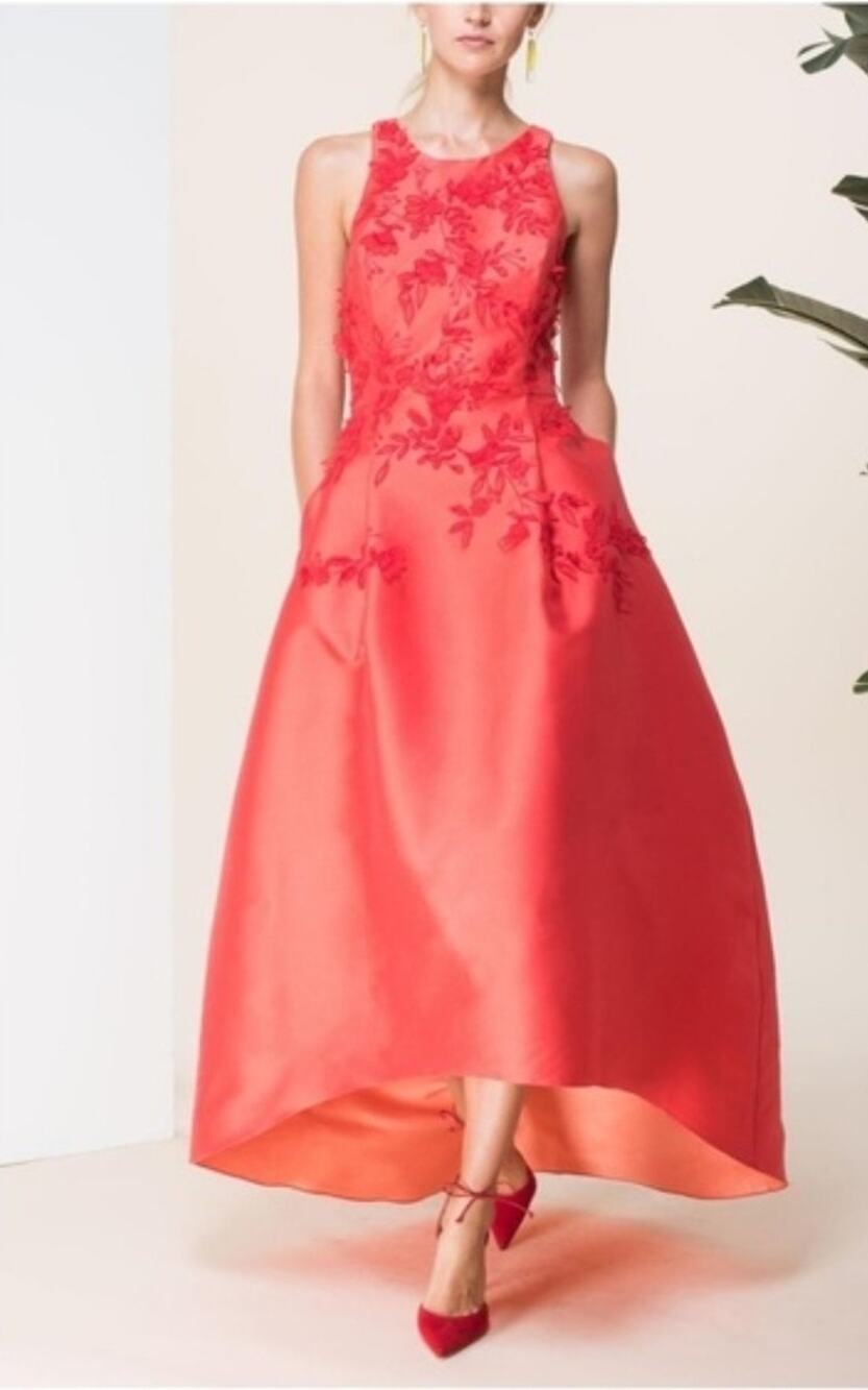 Sachin & Babi Noir Coral Red Purpurata Embroidered High-Low Silk Gown Dress Sz 8